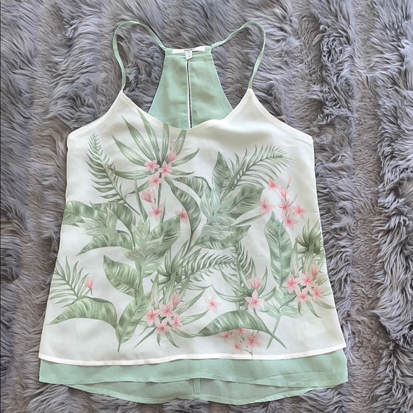 Papaya Tops - Papaya Tropical Print Green, Pink & White Floral Women's Tank size M